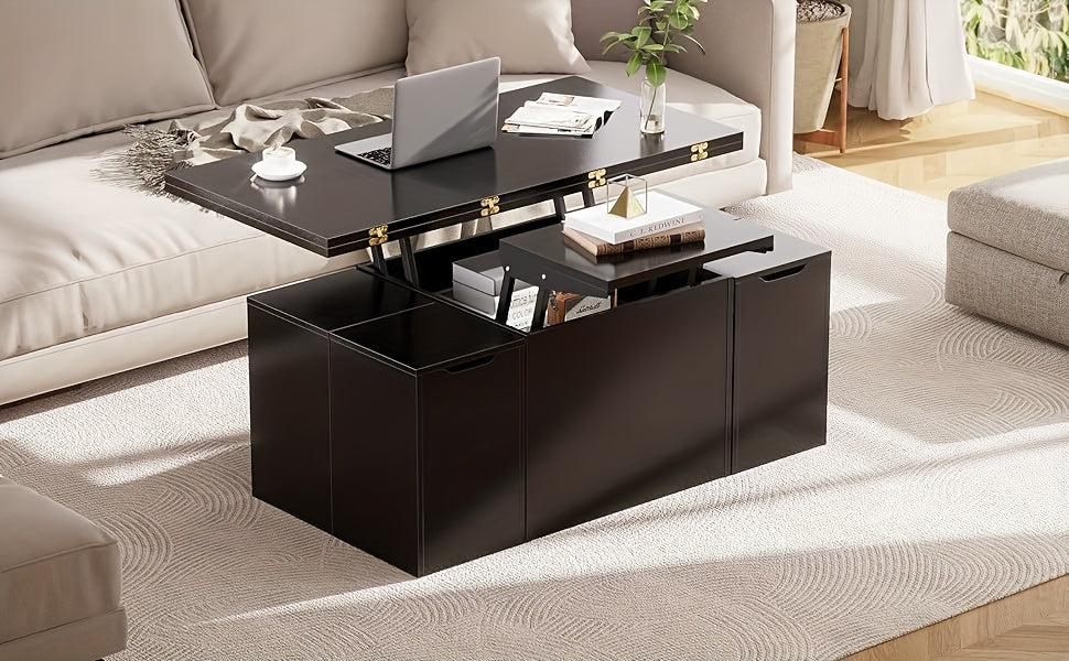 4in1 Couchtisch höhenverstellbar mit Stauraum & 4 Hockern – Schwarz