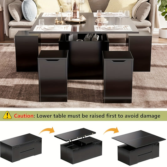 4in1 Couchtisch höhenverstellbar mit Stauraum & 4 Hockern – Schwarz