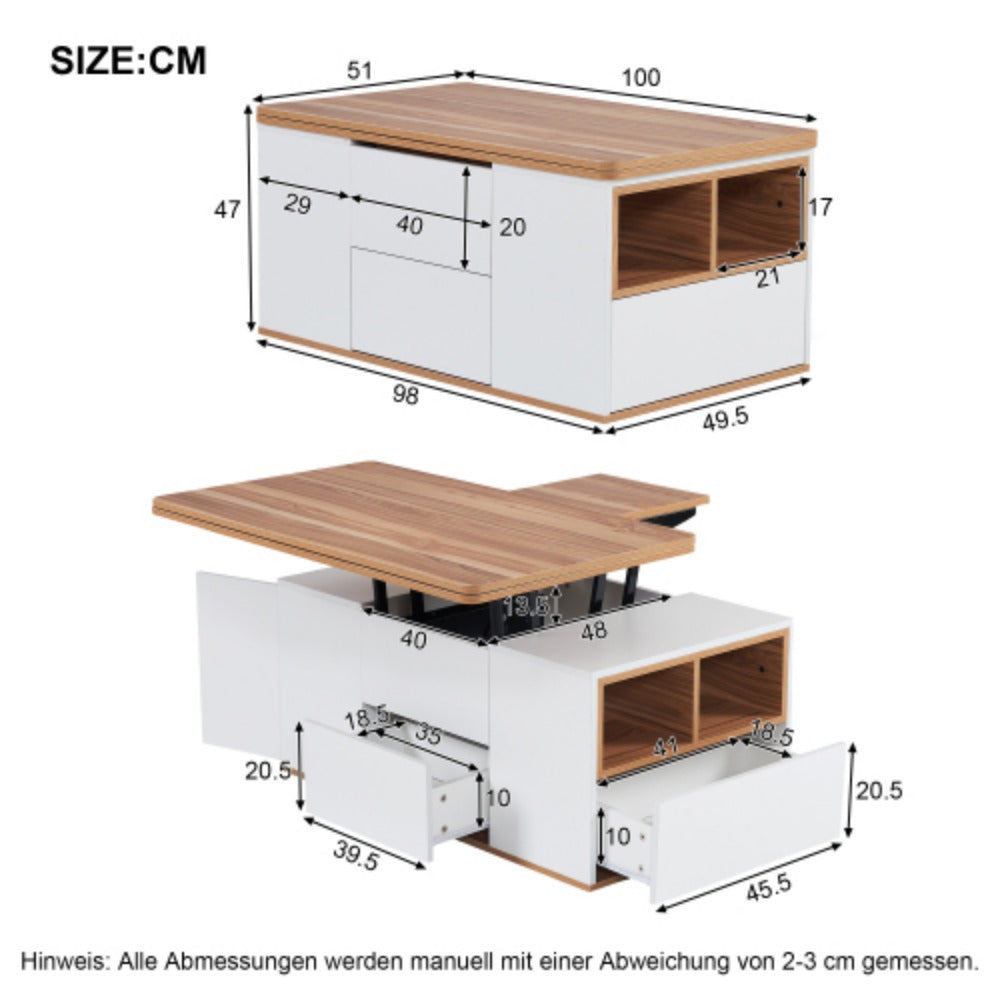 2in1 Couchtisch höhenverstellbar mit Stauraum – Grau/Weiß – modern