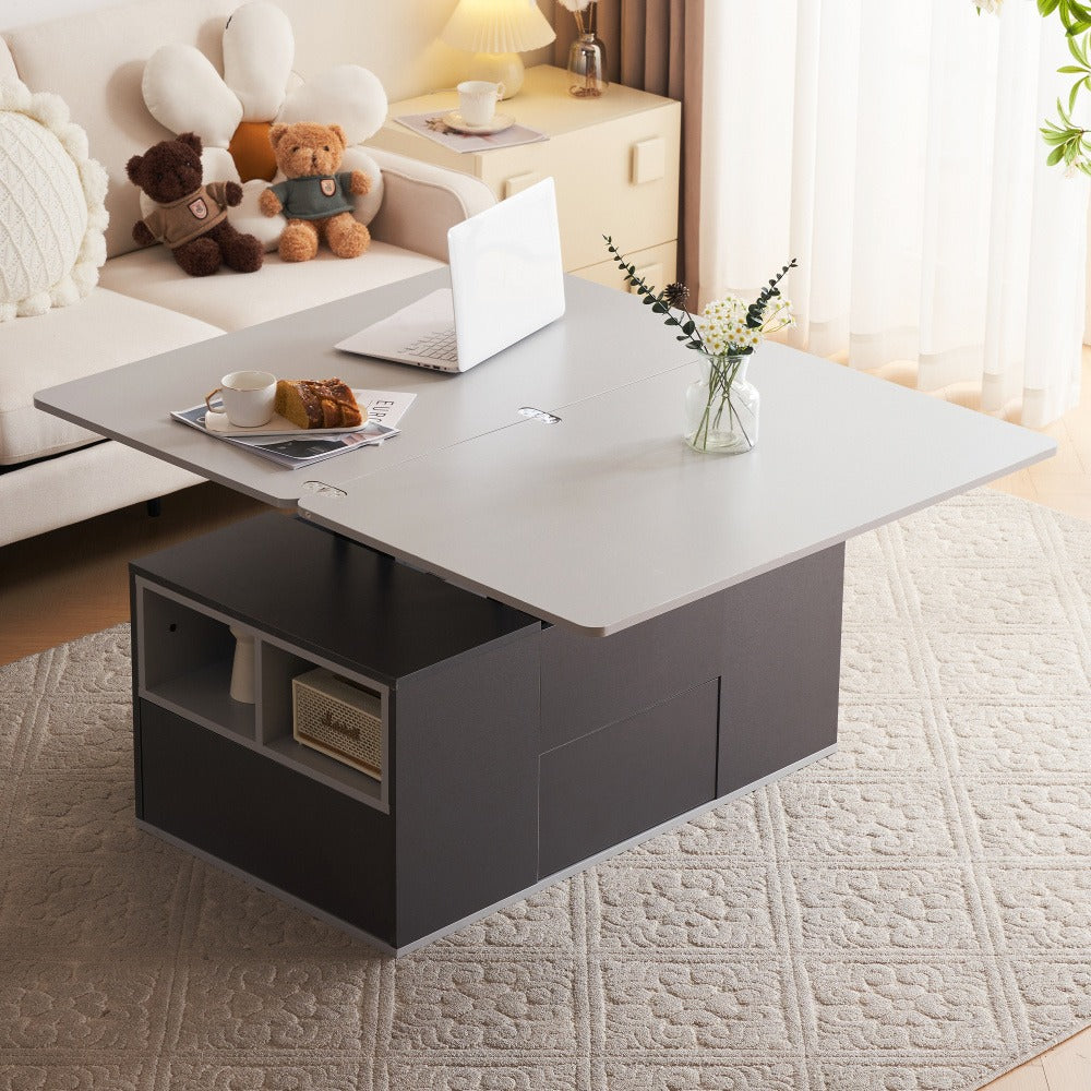 2in1 Couchtisch höhenverstellbar mit Stauraum – Grau/Weiß – modern
