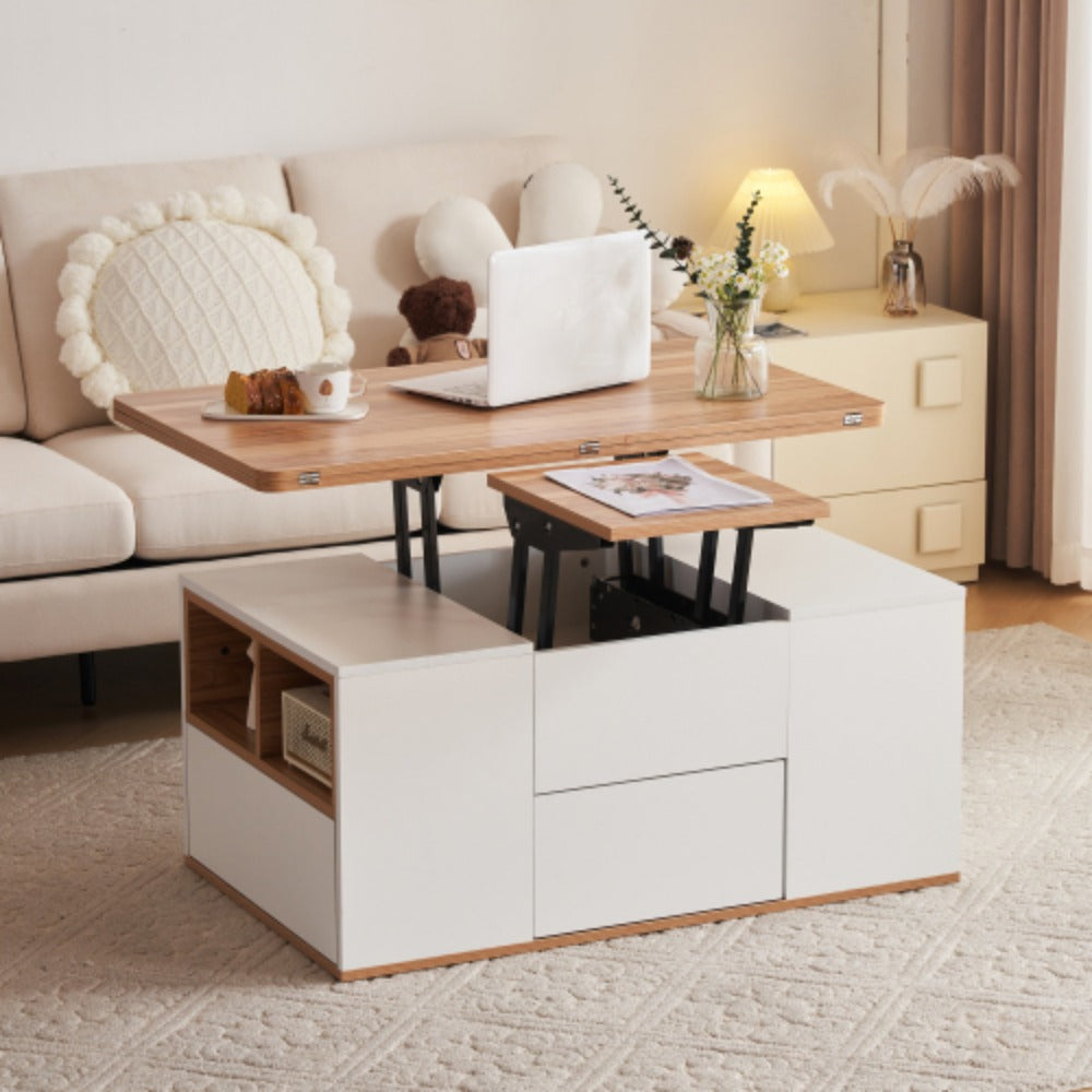 2in1 Couchtisch höhenverstellbar mit Stauraum – Grau/Weiß – modern