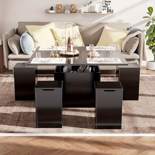 4in1 Couchtisch höhenverstellbar mit Stauraum & 4 Hockern – Schwarz
