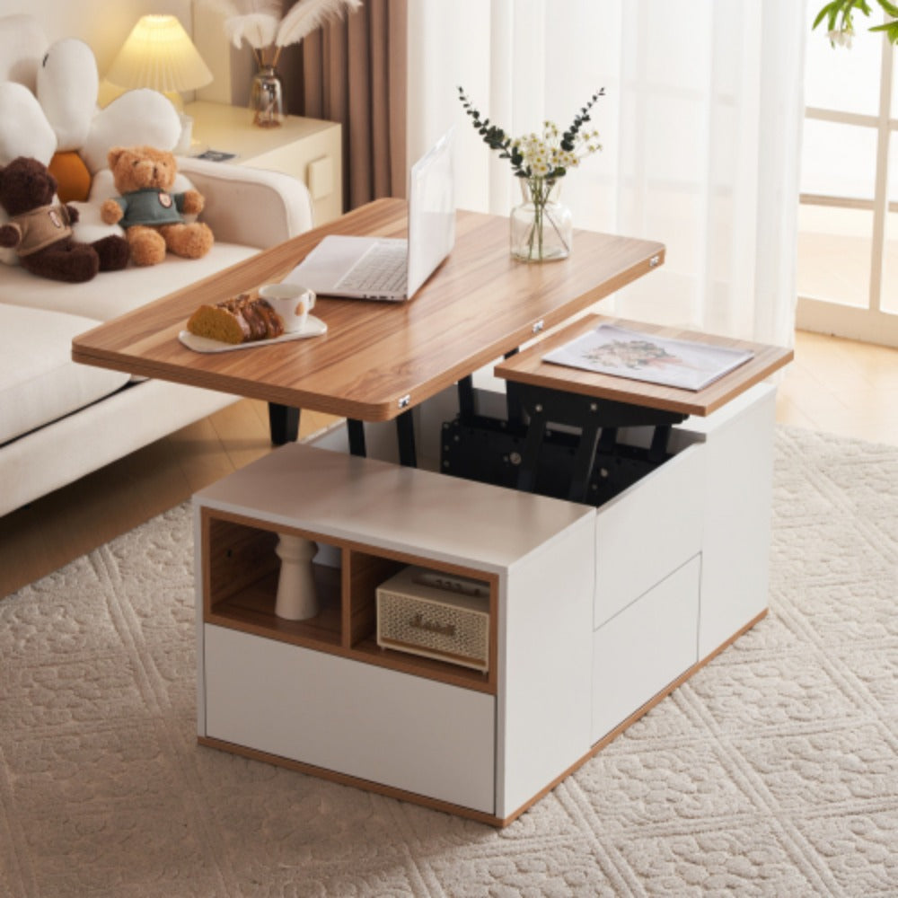 2in1 Couchtisch höhenverstellbar mit Stauraum – Grau/Weiß – modern