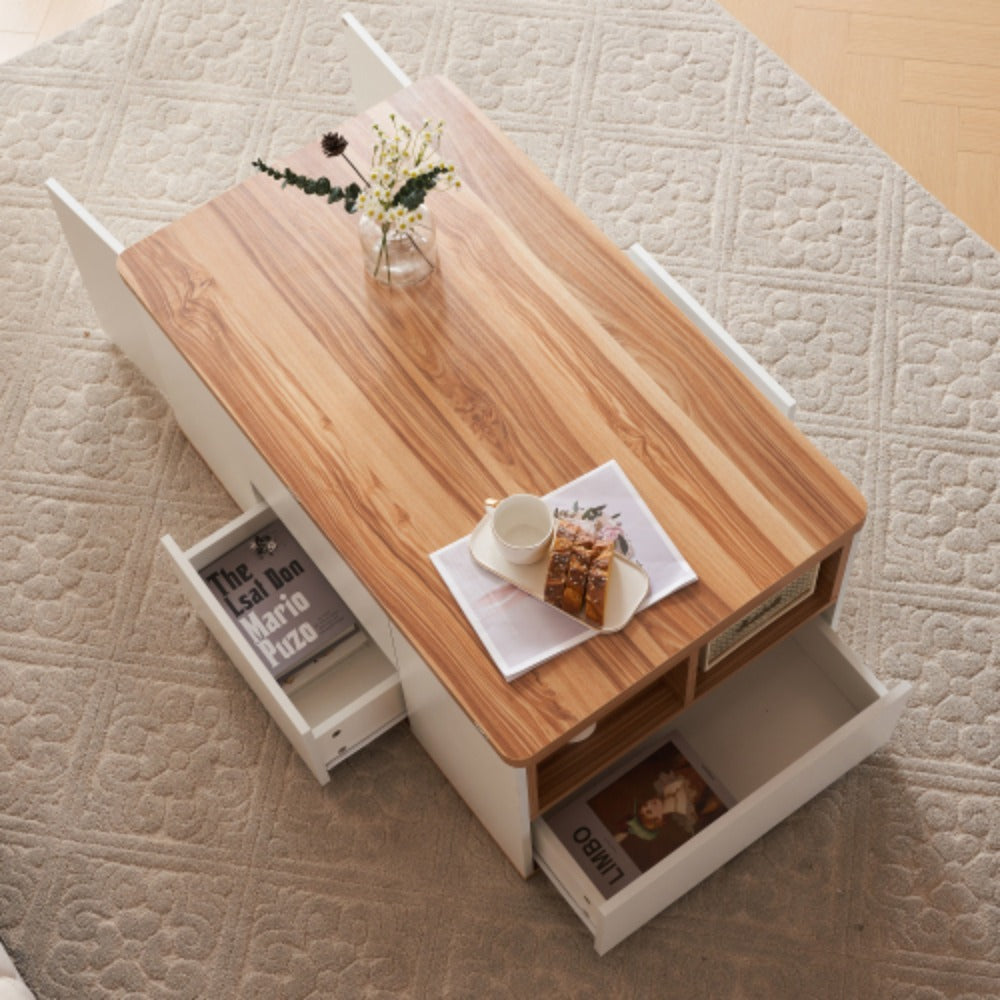 2in1 Couchtisch höhenverstellbar mit Stauraum – Grau/Weiß – modern
