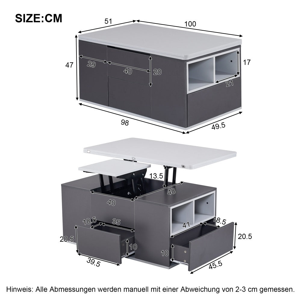 2in1 Couchtisch höhenverstellbar mit Stauraum – Grau/Weiß – modern